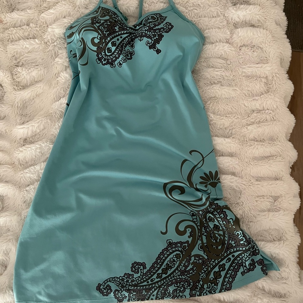 Athleta Teal Halter Dress with Black Paisley Design